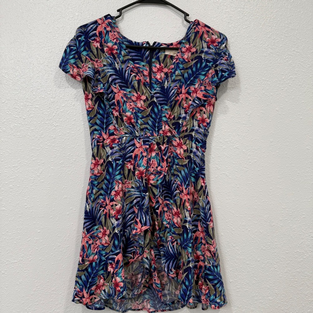 Rewind Tropical Floral Print A Line Dress Short Sleeve Zip Back Women's L